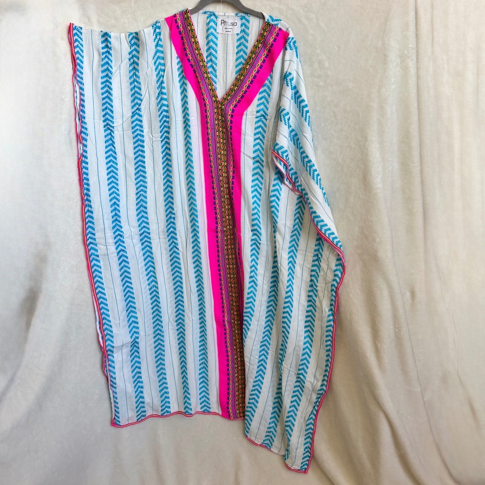 Pitusa Blue White Chevron Print Kaftan Pink Trim V-Neck Standard Size Cover Up